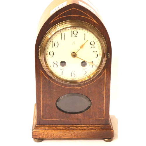 341 - Edwardian inlaid mahogany mantel clock of Lancet form, enamelled dial and bevelled display panel, H:... 