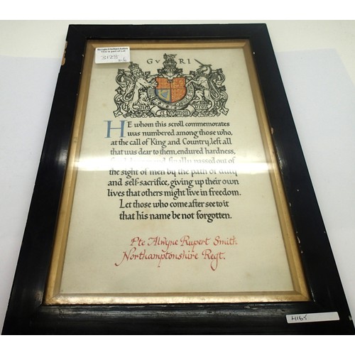 3128 - Framed WWI Memorial Scroll to PTE Alwyn Robert Smith Northampton KIA 10-07-1917. P&P Group 2 (£18+VA... 