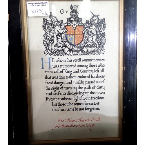 3128 - Framed WWI Memorial Scroll to PTE Alwyn Robert Smith Northampton KIA 10-07-1917. P&P Group 2 (£18+VA... 