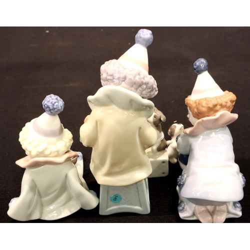 252 - Three Lladro clown figurines, largest H: 15 cm. P&P, contact Paul O'Hea at Mailboxes on 01925 659133