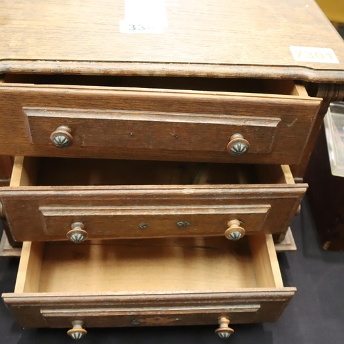 338 - A Victorian apprentice made oak chest of three drawers, 36 x 20 x 27 cm. P&P Group 3 (£25+VAT for th... 