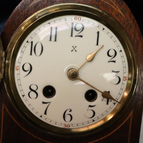 341 - Edwardian inlaid mahogany mantel clock of Lancet form, enamelled dial and bevelled display panel, H:... 