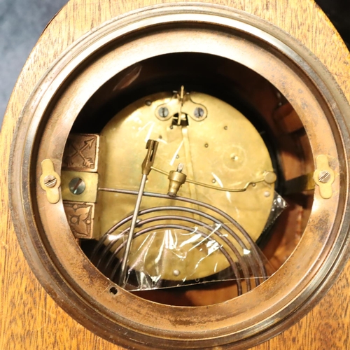 341 - Edwardian inlaid mahogany mantel clock of Lancet form, enamelled dial and bevelled display panel, H:... 