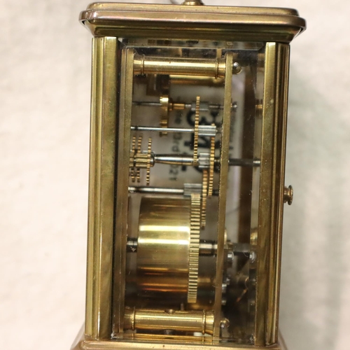 342 - French brass carriage clock with key, H: 12 cm. P&P Group 3 (£25+VAT for the first lot and £5+VAT fo... 