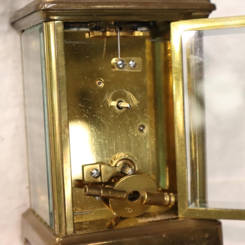 342 - French brass carriage clock with key, H: 12 cm. P&P Group 3 (£25+VAT for the first lot and £5+VAT fo... 