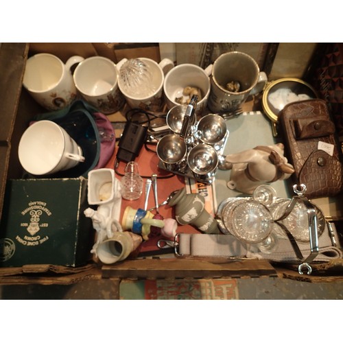1057 - Box of mixed items to include two cake racks, vintage razor sharpener, commemorative mugs, Olde Hall... 
