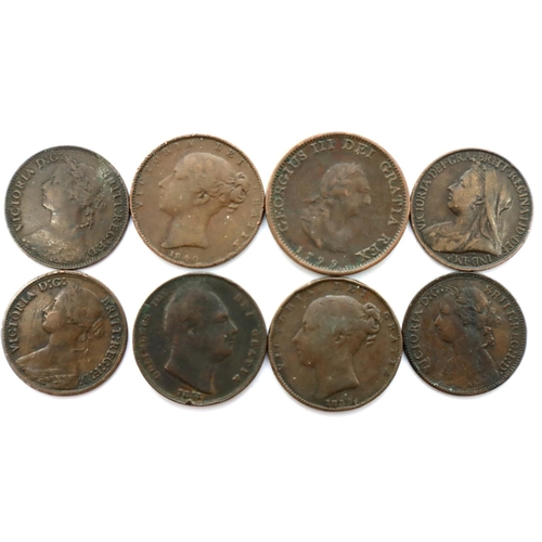 3062 - Farthings of George III, IV and Queen Victoria, comprising 1875 Heaton Mint, 1839, 1840, 1881, 1799,... 