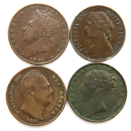 3066 - Farthings of George IV and Queen Victoria, comprising 1826, 1837, 1853 and 1879. P&P Group 1 (£14+VA... 