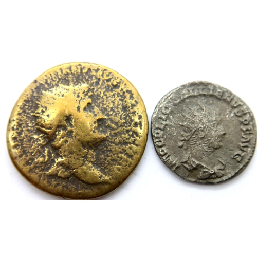 3092 - 118 AD - Brass Dupondius of Emperor Hadrian with Virtue and a 260 AD - Silver Antoninianus of Empero... 