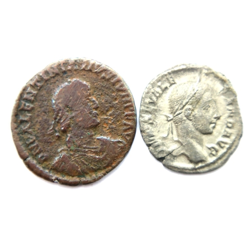 3093 - 222 AD - Silver Denarius of Emperor Severus Alexander and a 364 AD - Bronze AE4 of Emperor Valentini... 