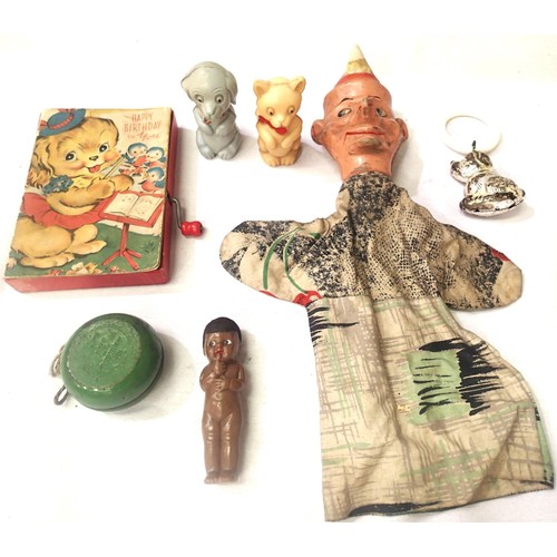 2181 - Early hard plastic head glove puppet, Tudor Rose dog and cat, small coloured plastic doll, Universal... 