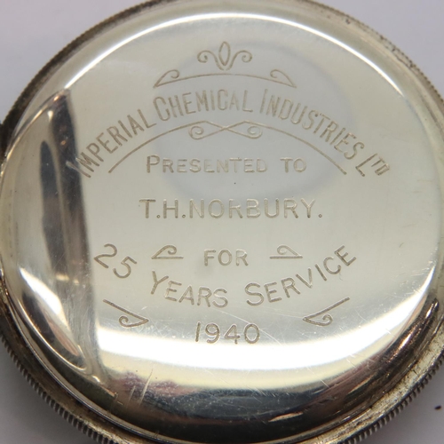 63 - Gents hallmarked silver Smiths pocket watch, with ICI inscription, working at lotting. P&P Group 1 (... 