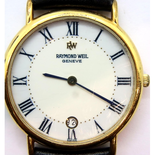 65 - Raymond Weil; gents 18K gold plated wristwatch (requires battery) on a leather strap. P&P Group 1 (£... 