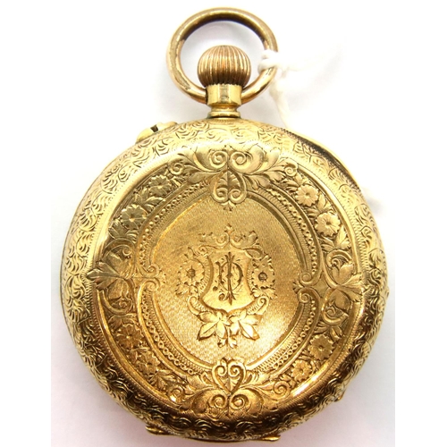 69 - 18ct gold crown wind fob watch, working at lotting. P&P Group 1 (£14+VAT for the first lot and £1+VA... 