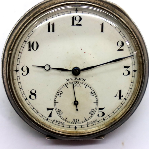 91 - Buren; gents hallmarked silver pocket watch in brown leather case, working at lotting. P&P Group 1 (... 