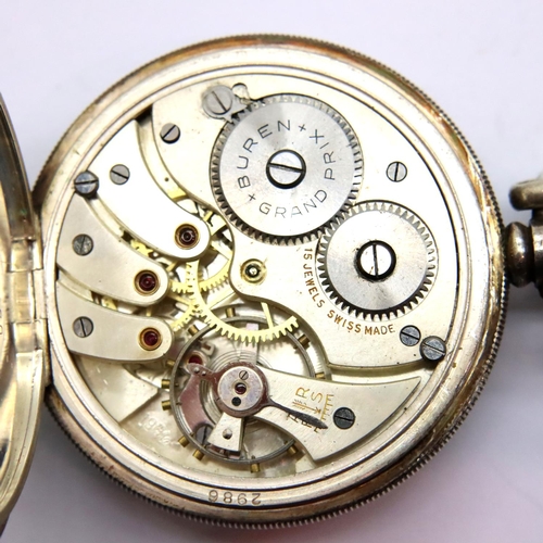 91 - Buren; gents hallmarked silver pocket watch in brown leather case, working at lotting. P&P Group 1 (... 