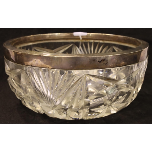 104 - Cut glass bowl with hallmarked silver collar, D: 21 cm. P&P Group 3 (£25+VAT for the first lot and £... 