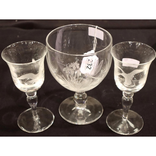 232 - Robert Ellison (Meadows Glass) pair of etched Pinot Noir glasses, each signed, H: 17 cm and Robert E... 