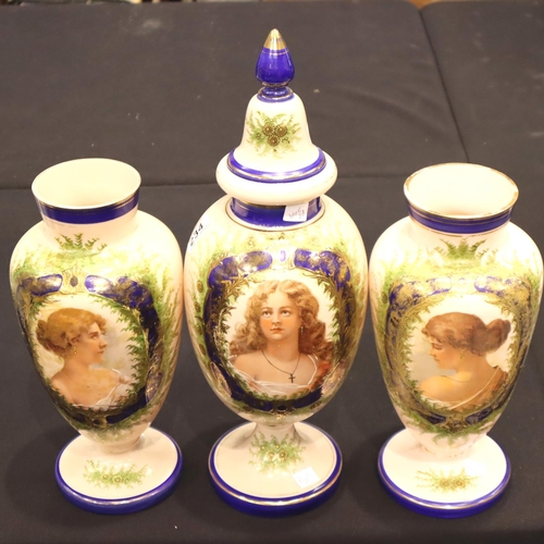 234 - A set of three Victorian pink glass cameo vases with blue and gilt highlights each with the portrait... 