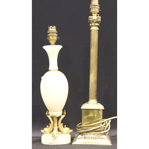 242 - A 20th Century brass columnar table-lamp base, H: 47 cm and an alabaster lamp base with brass mounts... 