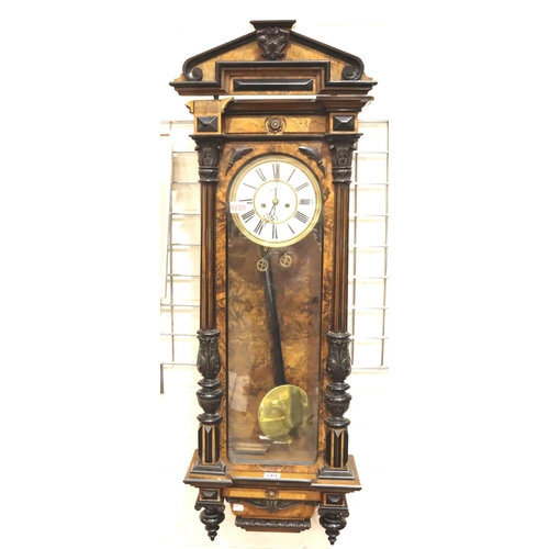 249 - Victorian Vienna wall clock inlaid with walnut decorated with carved columns, white dial with Roman ... 