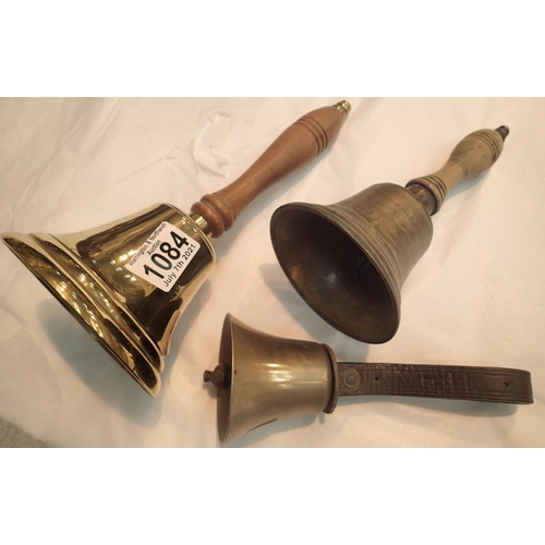 1084 - Two hand bells with a campanology bell. Not available for in-house P&P, contact Paul O'Hea at Mailbo... 