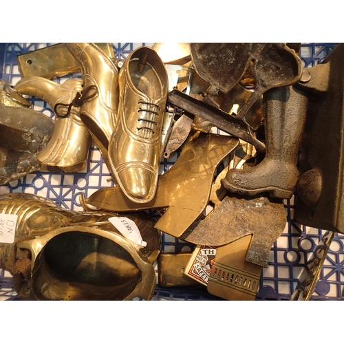 1092 - Box of brass shoe and boot ornaments with a vesta. Not available for in-house P&P, contact Paul O'He... 