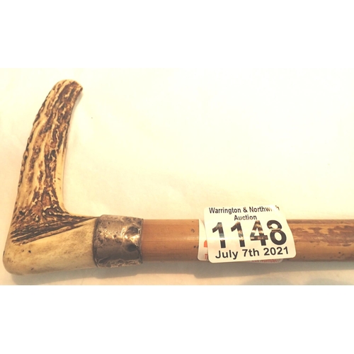 1148 - Walking stick with Antler handle and white metal collar. Not available for in-house P&P, contact Pau... 