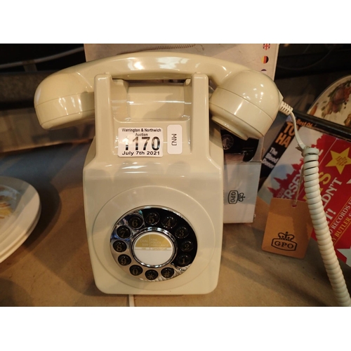 1170 - Ivory wallphone, retro push button telephone replica of the 1970s classic, compatible with modern te... 