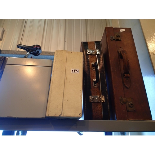 1174 - Three vintage suitcases and a file tin. Not available for in-house P&P, contact Paul O'Hea at Mailbo... 