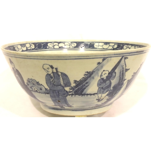 269 - A late 19th Century large centre bowl, painted in blue with figures, D: 29 cm, four character mark t... 