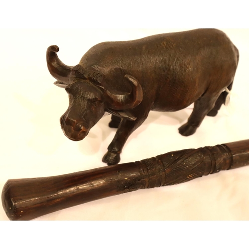 308 - Tribal walking stick and a Tribal carved water buffalo, buffalo L: 18 cm. P&P Group 2 (£18+VAT for t... 