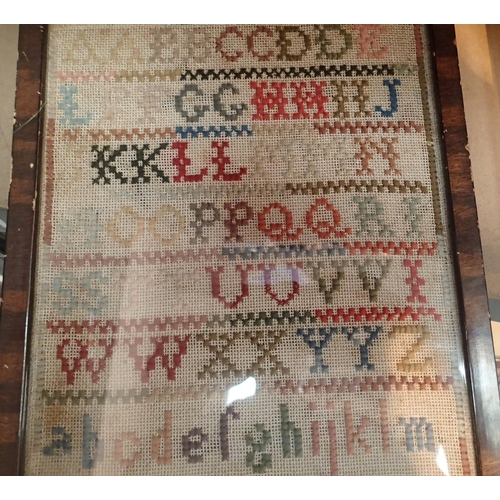 1201A - Framed and glazed undated antique alphabet sampler, 15 x 30 cm. Not available for in-house P&P, cont... 