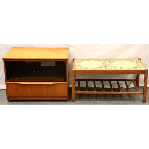 642 - A G Plan style teak media cabinet with smoked glass doors, a rectangular coffee table having a tiled... 