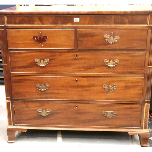 643 - George III inlaid mahogany chest of two short above three long drawers with hidden frieze drawer, 12... 