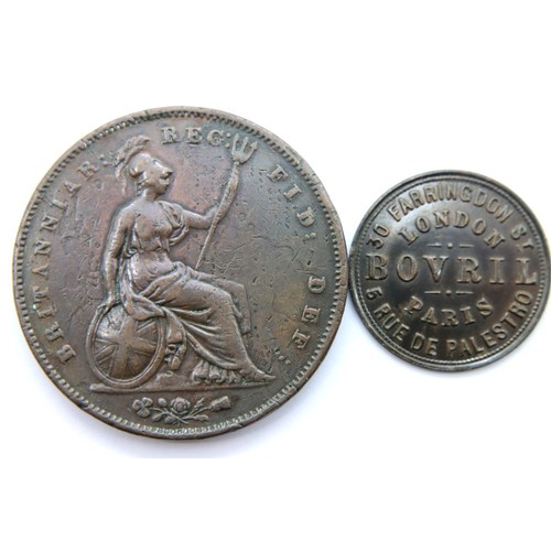 3084 - 1854 - Copper Penny of Queen Victoria, and a Victorian Bovril advertising Token (London-Paris). P&P ... 