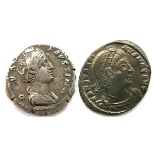 3076 - 141AD - Roman Silver Denarius of Diva Faustina and Roman Bronze AE3 of Constantine with legionary so... 