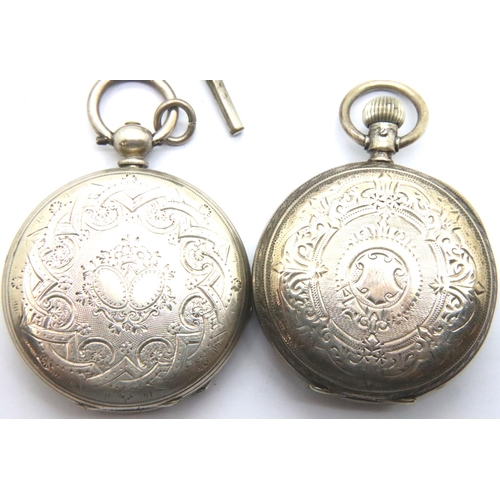 95 - Two silver pocket watches and a chain. P&P Group 1 (£14+VAT for the first lot and £1+VAT for subsequ... 