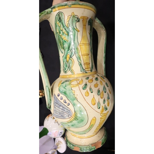 170 - Italian faience large twin handled jug with dragon decoration, H: 40 cm (chips to base). Not availab... 