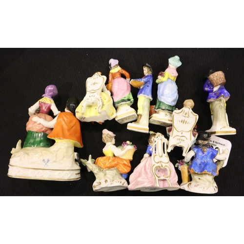 193 - Ten mixed small Continental figurines, Sitzendorf and others, tallest H: 13cm. P&P Group 3 (£25+VAT ... 