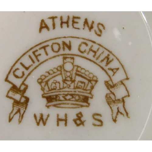 216 - Edwardian Clifton china tea service in the Athena pattern comprising six trios, milk and sugar with ... 