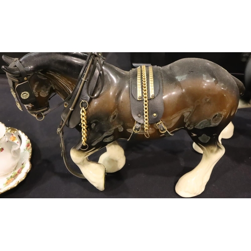 217 - Two large ceramic shire horses with leatherwork, each L: 38 cm. Not available for in-house P&P, cont... 