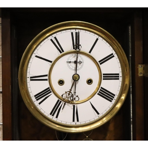 249 - Victorian Vienna wall clock inlaid with walnut decorated with carved columns, white dial with Roman ... 