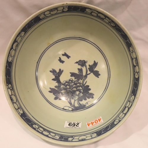 269 - A late 19th Century large centre bowl, painted in blue with figures, D: 29 cm, four character mark t... 