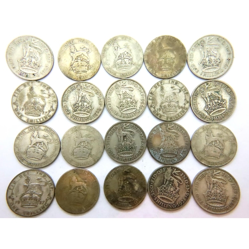 3090 - Twenty shillings of George V, various dates. P&P Group 1 (£14+VAT for the first lot and £1+VAT for s... 