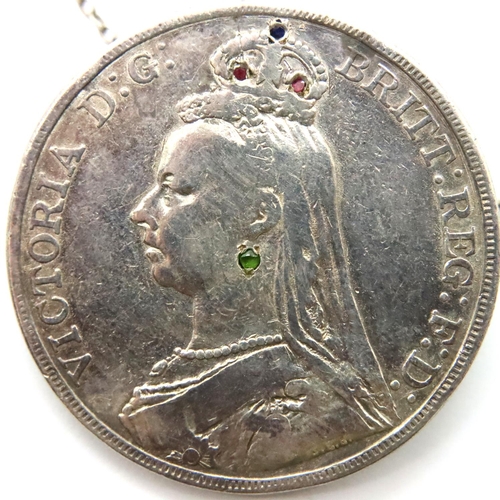 3091 - 1889 crown of Queen Victoria, later mounted with a pin and set with coloured stones. P&P Group 1 (£1... 