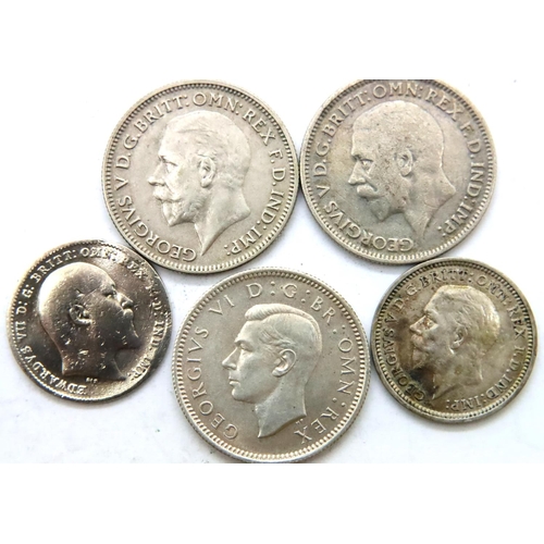 3102 - Five silver coins, Edward VII to George VI. P&P Group 1 (£14+VAT for the first lot and £1+VAT for su... 