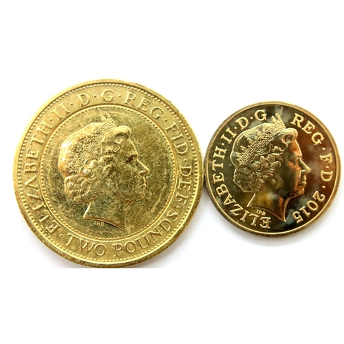 3113 - Two gold plated coins, 1 pence and £2. P&P Group 1 (£14+VAT for the first lot and £1+VAT for subsequ... 