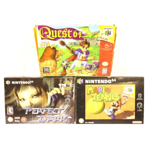 2318 - Three Nintendo 64 games, Perfect Dark and Mario Tennis and Quest 64, all cartridges present. P&P Gro... 