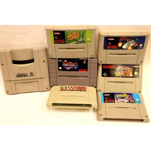 2327 - Five assorted Super Nintendo games and two adaptors. P&P Group 2 (£18+VAT for the first lot and £3+V... 